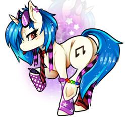 Size: 481x446 | Tagged: safe, artist:lovelock, dj pon-3, vinyl scratch, pony, unicorn, g4, alternate hairstyle, blushing, bracelet, clothes, cutie mark, ear piercing, earring, emo, female, fishnet clothing, goggles, goggles on head, jewelry, leg warmers, mare, multicolored mane, multicolored tail, necktie, piercing, raised hooves, scene, scenecore, solo, sparkles, stars, tail, tongue out, wingding eyes