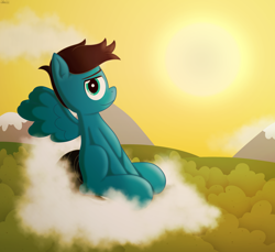 Size: 7200x6600 | Tagged: safe, artist:agkandphotomaker2000, oc, oc:pony video maker, pegasus, pony, afternoon, cloud, complex background, forest, hill, looking at you, male, mountain, on a cloud, pegasus oc, sitting, sitting on a cloud, spread wings, sunset, tree, wings