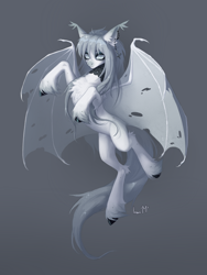 Size: 3000x4000 | Tagged: safe, artist:miurimau, oc, oc only, bat pony, pony, bat pony oc, bat wings, belly, chest fluff, gradient background, gray, hoof fluff, hooves, leg fluff, long bangs, long mane, long tail, partially open wings, raised hooves, signature, slender, solo, sparkly mane, sparkly tail, tail, thin, unshorn fetlocks, wings