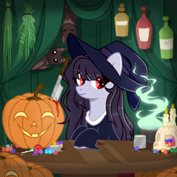 Size: 1500x1500 | Tagged: safe, artist:cursed soul, oc, oc only, oc:stalker-chan, bat, earth pony, pony, blood, bottle, candy, cauldron, clothes, commission, dress, food, halloween, hat, holiday, jack-o-lantern, knife, lollipop, potion, pumpkin, solo, table, witch, witch costume, witch hat, ych result