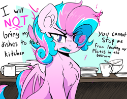 Size: 1857x1454 | Tagged: source needed, safe, artist:czu, oc, oc only, oc:sweetie swirl, bat pony, pony, annoyed, bat pony oc, bat wings, blue insides, blue tongue, blushing, chest fluff, desk, dialogue, dishes, eyelashes, femboy, male, male oc, multicolored hair, not flurry heart, open mouth, partially open wings, pony oc, simple background, solo, stallion, stallion oc, teeth, text, wings