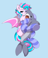 Size: 5000x6000 | Tagged: source needed, safe, artist:haruk, oc, oc only, oc:sweetie swirl, bat pony, shark, bedroom eyes, blue background, blåhaj, chest fluff, clothes, cuddling, femboy, lidded eyes, looking at you, male, multicolored hair, plushie, shark plushie, simple background, smiling, smiling at you, socks, striped socks, thighs, thunder thighs