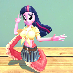 Size: 1080x1080 | Tagged: safe, artist:oatmeal!, part of a set, twilight sparkle, human, lamia, monster girl, original species, snake, equestria girls, g4, 3d, accessory swap, belly button, breasts, busty twilight sparkle, clothes, costume, fangs, front knot midriff, gmod, halloween, halloween costume, holiday, lamiafied, looking at you, midriff, monster, monster musume, open mouth, open smile, pose, simple background, skirt, smiling, solo, species swap, tail