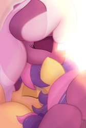 Size: 1448x2160 | Tagged: safe, artist:glutenfree_texmex, derpibooru exclusive, cheerilee, scootaloo (g3), earth pony, pony, mlp fim's thirteenth anniversary, g3, g3.5, g4, close-up, dream, duo, eyes closed, female, g3 to g4, generation leap, hug, nuzzling, scootalove, sibling love, siblings, sisterly love, sisters