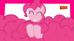 Size: 1429x803 | Tagged: safe, artist:ericgthompson03, pinkie pie, earth pony, pony, g4, eyes closed, grin, hair, impossibly long hair, impossibly long mane, long mane, mane, overgrown, simple background, smiling, solo, white background