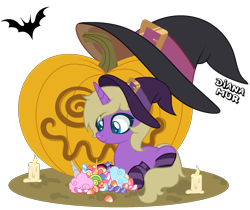 Size: 2130x1788 | Tagged: safe, artist:dianamur, artist:yeetmedownthestairs, oc, oc only, oc:hay meadow, bat, pony, unicorn, base used, candle, candy, clothes, commission, cute, female, food, halloween, hat, holiday, jack-o-lantern, lying down, mare, prone, pumpkin, simple background, socks, solo, striped socks, sweets, transparent background, witch, witch hat, ych result