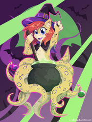 Size: 1200x1600 | Tagged: safe, artist:willoillo, oc, oc:sandara, hybrid, pony, barely pony related, cauldron, commission, halloween, holiday, potion, spooky, tentacles, witch