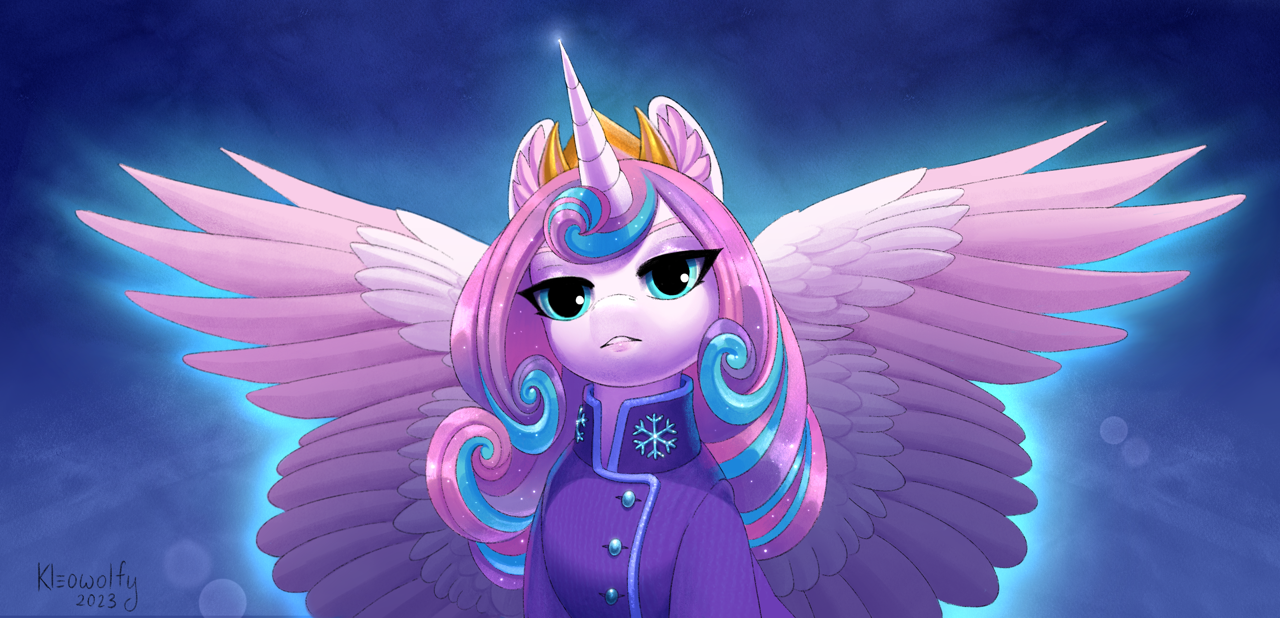 [alicorn,clothes,commission,crown,jewelry,older,pony,safe,signature,solo,uniform,wings,regalia,ear fluff,abstract background,lidded eyes,spread wings,princess flurry heart,older flurry heart,equestria at war mod,artist:kleowolfy]