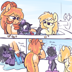 Size: 2200x2200 | Tagged: safe, artist:rivibaes, part of a set, oc, oc only, oc:evanti, oc:orange cream, oc:rivibaes, dracony, dragon, hybrid, pegasus, pony, unicorn, bath, bathing, bathtub, brushing teeth, comic, family, female, filly, fluffy, foal, high res, male, mare, stallion, towel