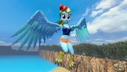 Size: 1920x1080 | Tagged: safe, artist:oatmeal!, rainbow dash, bird, harpy, human, monster girl, monster pony, original species, equestria girls, g4, 3d, accessory swap, beach, clothes, costume, flying, gmod, halloween, halloween costume, looking at you, midriff, monster, monster musume, ocean, shorts, solo, species swap, spread wings, tank top, water, wings