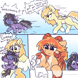 Size: 2200x2200 | Tagged: safe, artist:rivibaes, part of a set, oc, oc:evanti, oc:orange cream, oc:rivibaes, dracony, dragon, hybrid, pegasus, pony, unicorn, bathtub, chase, comic, dialogue, family, female, filly, foal, grabbing, high res, male, mare, stallion