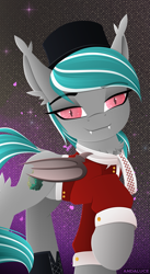 Size: 1047x1915 | Tagged: safe, artist:andaluce, oc, oc:malachite cluster, bat pony, pony, abstract background, chest fluff, clothes, costume, ear fluff, hat, hock fluff, lineless, male, scarf, solo, stallion, top hat, traditional clothing