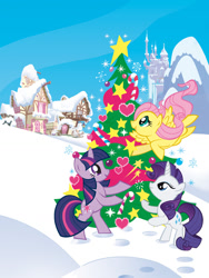 Size: 774x1032 | Tagged: safe, artist:daniel jorge conci, fluttershy, rarity, twilight sparkle, earth pony, pegasus, pony, unicorn, g4, official, artifact, candy, candy cane, canterlot castle, christmas, christmas tree, cute, female, flying, food, holiday, mare, rearing, stars, stock vector, tree, trio, unicorn twilight
