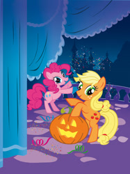 Size: 714x953 | Tagged: safe, artist:daniel jorge conci, egmont, screencap, applejack, pinkie pie, earth pony, pony, g4, official, 2010s, 2d, artifact, balcony, canterlot, canterlot castle, confetti, cover, cover art, curtains, duo, error, female, freckles, halloween, happy, holiday, jack-o-lantern, looking at you, magazine cover, mare, missing hat, night, open mouth, open smile, panini, pumpkin, raised hoof, smiling, stock vector, vector