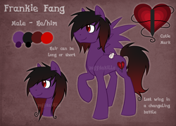 Size: 3200x2300 | Tagged: safe, artist:zeffdakilla, oc, oc only, oc:frankie fang, pegasus, pony, amputee, bandage, black mane, concave belly, emo, high res, male, missing wing, purple fur, raised hoof, reference sheet, severed limb, severed wing, smiling, solo, spread wings, standing, wings
