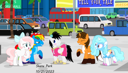 Size: 4035x2302 | Tagged: safe, artist:creedyboy124, oc, oc:ej, oc:jemima sparkle, oc:shane park, oc:shield wing, oc:sweetheart, alicorn, pegasus, pony, unicorn, g4, car, city, clothes, dress, embarrassed, female, laughing, male, street