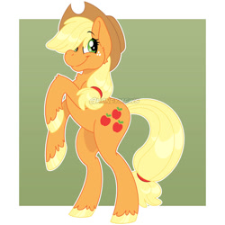 Size: 828x828 | Tagged: safe, artist:honeymews, applejack, earth pony, pony, g4, applejack's hat, bipedal, cowboy hat, female, freckles, hairband, hat, rearing, solo, tail, tail band, unshorn fetlocks