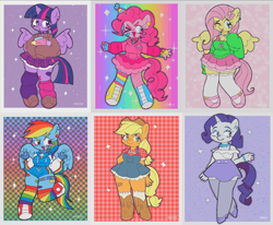 Size: 3747x3094 | Tagged: safe, artist:cosmiccrayons, applejack, fluttershy, pinkie pie, rainbow dash, rarity, twilight sparkle, alicorn, earth pony, pegasus, unicorn, anthro, g4, ;p, abstract background, bandaid, bare shoulders, blush sticker, blushing, book, boots, bracelet, clothes, converse, cutie mark on clothes, ear piercing, eye clipping through hair, eyebrows, eyebrows visible through hair, face paint, female, fingerless gloves, freckles, glasses, gloves, gradient background, hat, high res, horn, jewelry, kidcore, looking at you, magic, mane six, mare, mary janes, necklace, one eye closed, open mouth, open smile, party hat, piercing, rainbow, rainbow socks, shoes, skirt, smiling, sneakers, socks, sparkles, spread wings, striped socks, sweater, sweatershy, sweatshirt, teeth, tongue out, white socks, wings, wink, winking at you