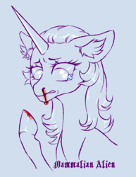 Size: 2572x3333 | Tagged: safe, artist:mammalian_alien, pony, unicorn, blood, high res, lineart, nosebleed, simple background, solo