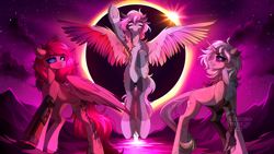 Size: 4000x2250 | Tagged: safe, artist:chamommile, oc, oc only, oc:black cherry, oc:opaline, oc:skye setter, pegasus, pony, unicorn, belly, cel shading, colored, colored wings, ear fluff, eyes closed, horn, looking at you, mountain, pegasus oc, ponytail, red mane, red skin, shading, sun, tail, trio, two toned hair, two toned mane, two toned tail, two toned wings, unicorn oc, wings