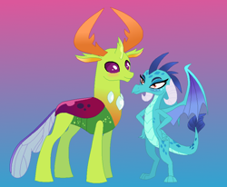Size: 814x670 | Tagged: safe, artist:temmie-shy, princess ember, thorax, changedling, changeling, dragon, g4, changeling x dragon, female, gradient background, interspecies, king thorax, male, ship:embrax, shipping, straight