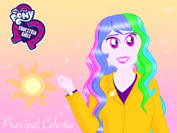 Size: 1032x774 | Tagged: safe, artist:princesscartoon2000, princess celestia, equestria girls, g4, simple background, solo, yellow background