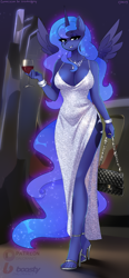 Size: 1764x3792 | Tagged: safe, artist:xjenn9, princess luna, alicorn, anthro, plantigrade anthro, g4, bracelet, breasts, busty princess luna, cleavage, clothes, commission, dress, ethereal mane, ethereal tail, female, glass, high heels, jewelry, looking at you, purse, shoes, side slit, solo, spread wings, tail, total sideslit, wine glass, wings, ych example, your character here