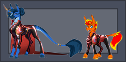 Size: 4916x2423 | Tagged: safe, artist:parrpitched, oc, oc only, oc:fireheart(fire), oc:queen lunaris, alicorn, bat pony, pony, concave belly, curved horn, duo, female, fireheart76's latex suit design, height difference, horn, latex, latex suit, leonine tail, male, prisoners of the moon, reference sheet, rubber, rubber suit, tail