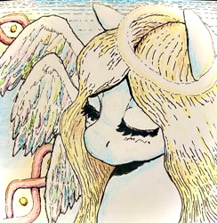 Size: 2522x2589 | Tagged: safe, artist:gorebox, oc, unnamed oc, angel, biblically accurate angels, blonde mane, colored pencil drawing, halo, high res, ink drawing, inktober 2023, traditional art, wings