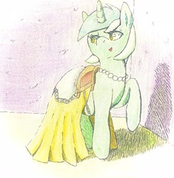 Size: 2000x2048 | Tagged: safe, artist:gorebox, lyra heartstrings, pony, unicorn, g4, clothes, colored pencil drawing, dress, high res, ink drawing, inktober, inktober 2023, jewelry, necklace, pearl necklace, saddle, solo, tack, traditional art