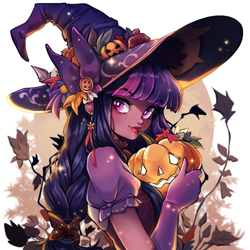 Size: 900x900 | Tagged: safe, artist:cabbage-arts, twilight sparkle, human, g4, bust, female, halloween, hat, holiday, humanized, jack-o-lantern, moderate dark skin, pumpkin, solo, witch, witch hat