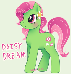 Size: 1151x1199 | Tagged: safe, artist:serasugee, oc, oc only, earth pony, pony, blushing, curly hair, female, flower, flower in hair, green fur, mare, pink eyes, pink hair, simple background, smiling, solo