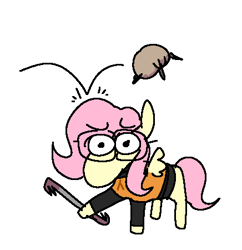 Size: 436x450 | Tagged: safe, artist:punkittdev, fluttershy, headcrab, pegasus, pony, g4, crowbar, female, glasses, gordon freeman, half-life, hev suit, hoof hold, mare, simple background, solo, throwing things at fluttershy, white background