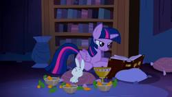 Size: 1920x1080 | Tagged: safe, screencap, angel bunny, twilight sparkle, alicorn, pony, castle mane-ia, g4, ^^, belly, book, bookshelf, carrot, castle of the royal pony sisters, cup, diary, eyes closed, food, goblet, implied stuffing, indoors, lidded eyes, lying down, pillow, prone, stuffed belly, twilight sparkle (alicorn)