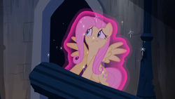 Size: 1920x1080 | Tagged: safe, screencap, fluttershy, castle mane-ia, g4, my little pony: friendship is magic, blushing, castle of the royal pony sisters, embarrassed, freeze spell, frozen, magic, pillar, solo, transfixed