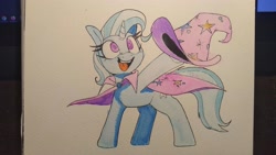 Size: 3264x1836 | Tagged: safe, artist:lockheart, trixie, pony, unicorn, g4, blue coat, blue mane, blue tail, cape, female, hat, hat off, hoof hold, looking up, mare, open mouth, open smile, purple eyes, smiling, solo, tail, traditional art, watercolor painting