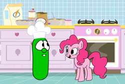 Size: 914x616 | Tagged: safe, artist:abjudisch2002, pinkie pie, earth pony, pony, g4, crossover, cucumber, food, kitchen, larry the cucumber, unsure, veggietales