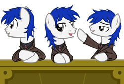 Size: 6688x4576 | Tagged: safe, artist:equestria secret guard, oc, oc only, oc:quantum rad, oc:量子小辐, earth pony, pony, clothes, desk, earth pony oc, looking at you, looking back, male, necktie, raised hoof, simple background, sitting, stallion, talking, transparent background