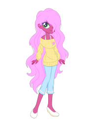 Size: 2048x2732 | Tagged: safe, artist:ocean-drop, oc, oc only, oc:cotton candy (ocean-drop), human, equestria girls, g4, clothes, denim, female, hair over one eye, high res, jeans, long hair, off shoulder, off shoulder sweater, offspring, pants, parent:cheese sandwich, parent:pinkie pie, parents:cheesepie, shoes, simple background, smiling, solo, sweater, transparent background