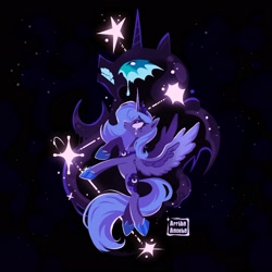 Size: 2048x2048 | Tagged: safe, artist:arribaamoeba, nightmare moon, princess luna, alicorn, pony, g4, crying, duality, female, frown, high res, jewelry, mare, regalia, s1 luna, signature, spread wings, stars, teeth, wings