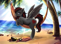 Size: 3000x2171 | Tagged: safe, artist:raranfa, oc, oc only, oc:se solar eclipse, crab, pegasus, pony, beach, black and red mane, coconut cup, female, hammock, high res, looking at you, lying down, mare, ocean, palm tree, solo, spread wings, summer, sunglasses, tree, water, wings