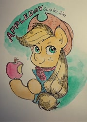 Size: 1463x2048 | Tagged: safe, artist:daisymane, applejack, earth pony, pony, g4, apple, applejack day, bust, clothes, female, food, jacket, looking at you, mare, smiling, smiling at you, solo, traditional art