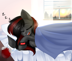 Size: 1956x1670 | Tagged: safe, artist:rinteen, oc, oc:se solar eclipse, pegasus, pony, alarm clock, bed, bedsheets, black and red mane, clock, cute, female, in bed, mare, onomatopoeia, open mouth, pegasus oc, pillow, sleeping, snoring, solo, sound effects, sunshine, watch, wristwatch, zzz