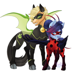 Size: 4553x4286 | Tagged: safe, artist:pvrii, pegasus, pony, adrien agreste, bell, cat bell, chat noir, duo, duo male and female, ear piercing, earring, female, jewelry, ladybug (miraculous ladybug), male, marinette dupain-cheng, miraculous ladybug, piercing, ponified, simple background, transparent background