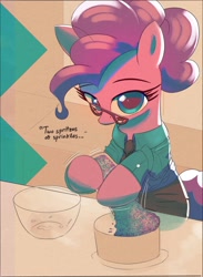 Size: 1736x2373 | Tagged: safe, artist:vultraz, pinkie pie, earth pony, pony, g4, alternate hairstyle, cake, clothes, dialogue, female, food, glasses, limited palette, mare, necktie, pinktober, ponerpics import, shirt, skirt, solo, sprinkles, text