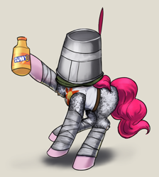 Size: 2000x2228 | Tagged: safe, artist:vultraz, pinkie pie, princess celestia, earth pony, pony, g4, bucket, clothes, duct tape, female, high res, holding, mare, pinktober, praise the sun, solaire of astora, solo, sunny d, tape, tinfoil