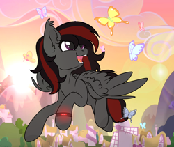 Size: 2352x1989 | Tagged: source needed, useless source url, safe, artist:olivi, oc, oc only, oc:se solar eclipse, butterfly, pegasus, pony, flying, open mouth, pegasus oc, pony oc, ponyville, simple background, smiling, solo, spread wings, teeth, watch, wings, wristwatch