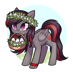 Size: 2600x2584 | Tagged: safe, artist:sch4, oc, oc only, oc:se solar eclipse, pegasus, pony, basket, easter, easter basket, easter egg, eye clipping through hair, floral head wreath, flower, folded wings, high res, mouth hold, pegasus oc, pony oc, simple background, solo, standing, watch, white background, wings, wristwatch