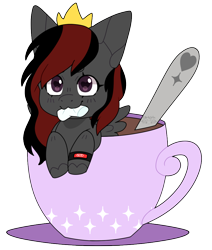 Size: 816x963 | Tagged: safe, artist:t0r4ch4n, oc, oc only, oc:se solar eclipse, pegasus, pony, black and red mane, coffee, coffee cup, crown, cup, eating, food, heart, heart eyes, jewelry, marshmallow, pegasus oc, pony oc, regalia, simple background, solo, spoon, spread wings, transparent background, watch, wingding eyes, wings, wristwatch