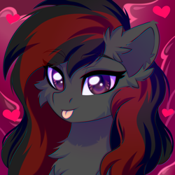 Size: 2500x2500 | Tagged: safe, artist:stesha, oc, oc only, oc:se solar eclipse, pegasus, pony, :p, bust, cheek fluff, chest fluff, ear fluff, eye clipping through hair, floating heart, heart, high res, looking at you, pegasus oc, pony oc, portrait, profile picture, simple background, smiling, solo, tongue out